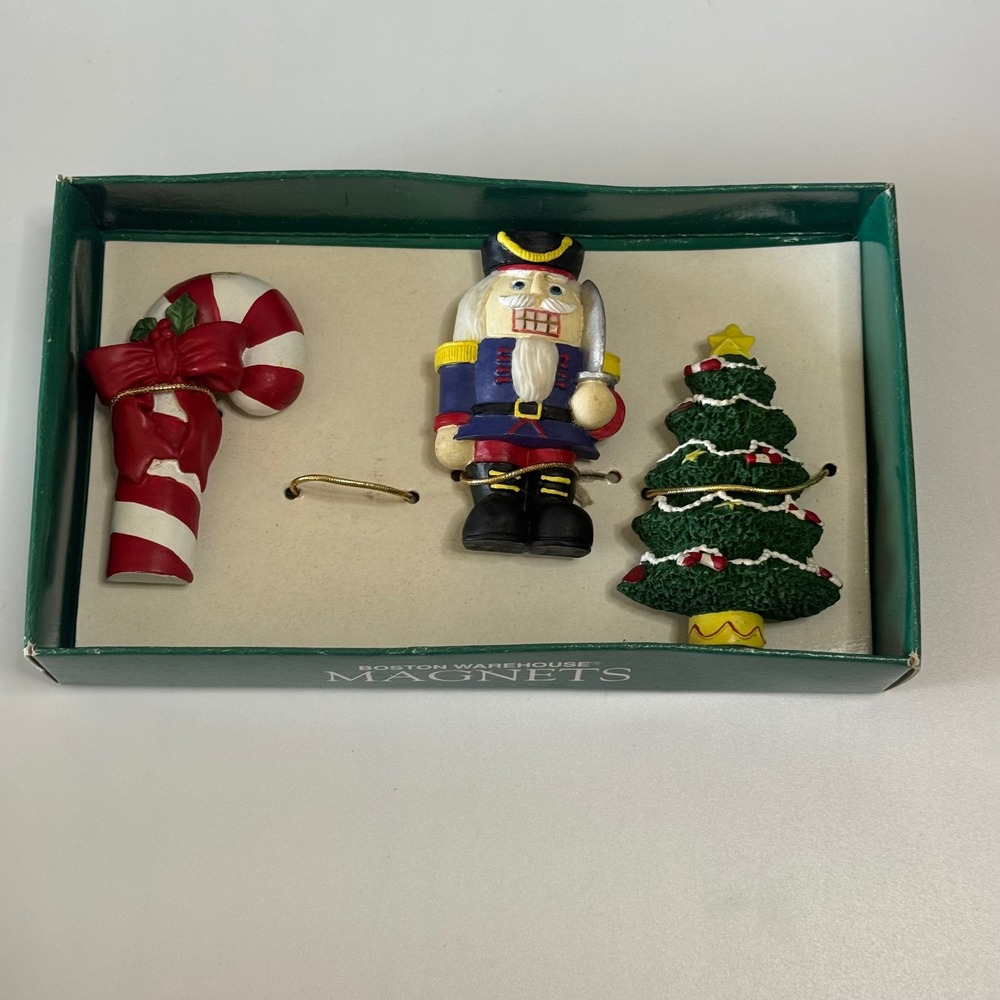 Vintage 1995 Boston Warehouse Christmas Magnets Nutcracker Tree Candy Cane Set 3